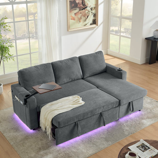 English Elm Modern Chenille Pull-Out Bed Sofa With Table, Led Lights, Usb Ports & Cup Holders - Gray Cozy Comfort W1413S00096