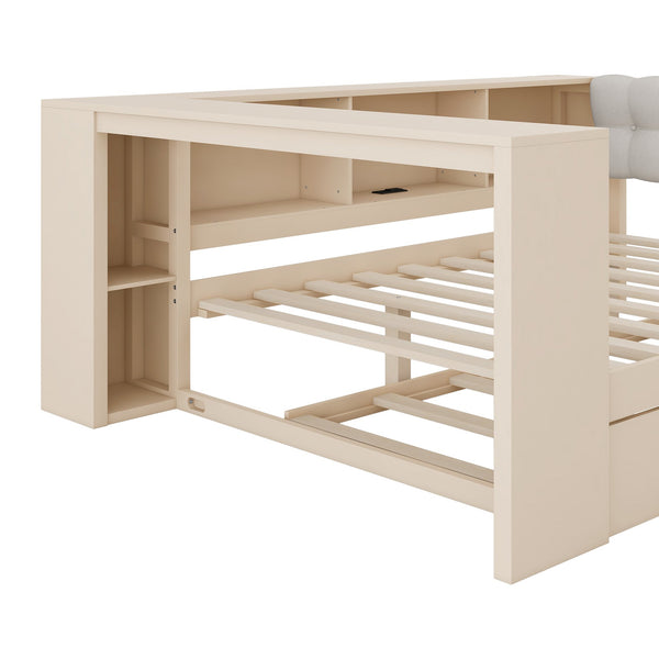 English Elm Wood Twin Platform Bed Linen Headboard Storage Shelves Trundle Charging Station Cream N709P004024C