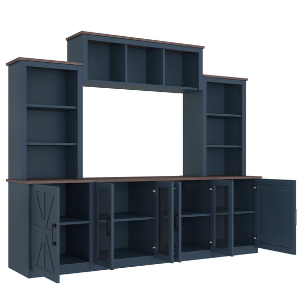English Elm Wall Unit Entertainment Center with Built in Charging Mdf Media Console Open Shelving Blue W1580S00437