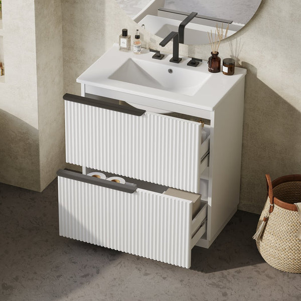 English Elm Christopher Knight Home® - 30" Elegant Freestanding Bathroom Vanity With Ceramic Sink, Soft-Close Drawers & Fluted Design N817P288915W
