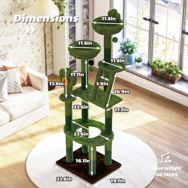 English Elm 72in Cactus Cat Tower Sisal Posts Plush Perches Capsule Pod Multi-level Climb Green W1578P447627