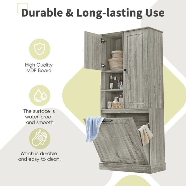 English Elm Tall Storage Cabinet with Flip-Out Basket, Adjustable Shelves & Aluminum Handles for Organized Living Oak N725P322739L