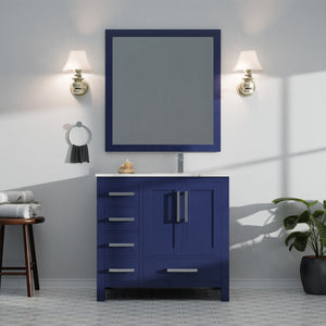 English Elm Navy Blue Bath Vanity With Right Offset Carrara Marble Top & Matching Mirror For Elegant Storage B2731S00692
