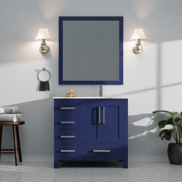 English Elm Navy Blue Bath Vanity With Right Offset Carrara Marble Top & Matching Mirror For Elegant Storage B2731S00692