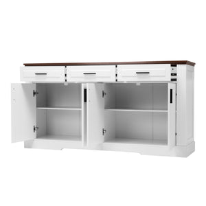 English Elm 63" Fluted Mdf Sideboard with Wood Tone Top Four Doors Three Drawers Dining Storage White W2917S00011