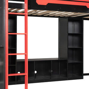 English Elm L-shaped Gaming Loft Bunk Bed Twin Wood Frame Rgb Lighting Usb Ports Storage Shelves Red LT000295AAR