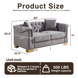 English Elm {video] Chesterfield Two-seater Velvet Sofa with Nailhead Trim and Tufted Gold Leg Luxury Grey W1926S00105