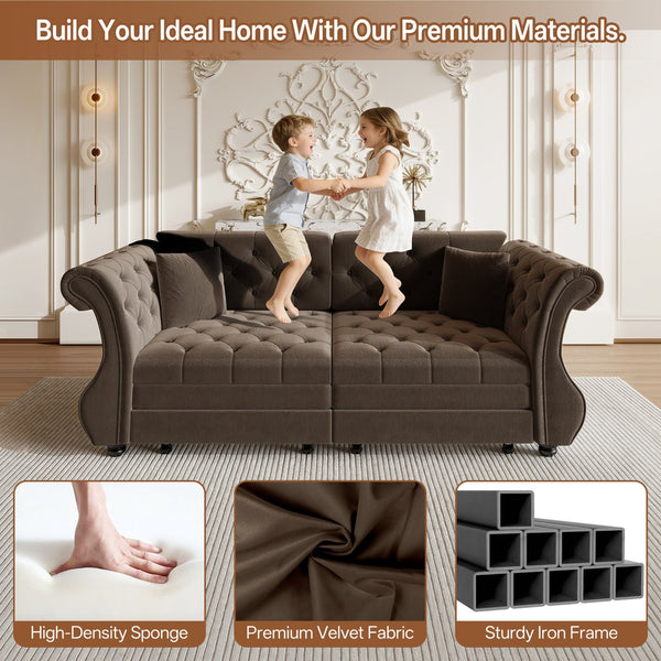 English Elm 83.8" Chesterfield Sleeper Sofa Velvet Upholstered with Flower Tufting for Living Room Brown W1885S00402