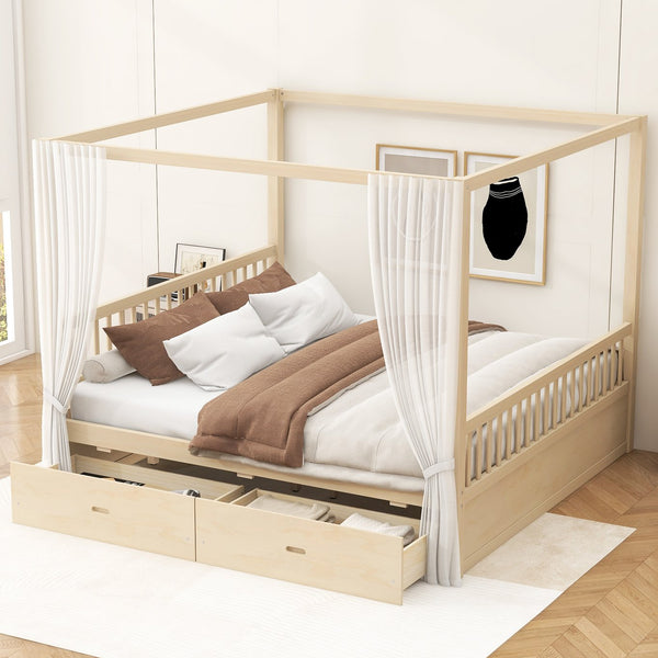 English Elm Wooden Canopy Queen Bed Solid Frame with Built-in Storage Drawers Slatted Base Natural N7090005037N