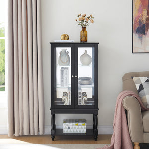 English Elm Curio Lighted Display Cabinet with Mirrored Back, Tempered Glass Doors, Solid Wood Legs, Compact Black W1693P216943