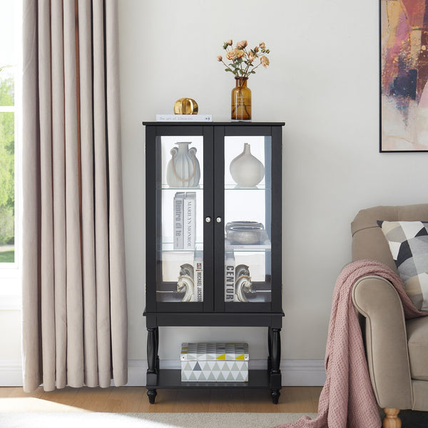 English Elm Curio Lighted Display Cabinet with Mirrored Back, Tempered Glass Doors, Solid Wood Legs, Compact Black W1693P216943
