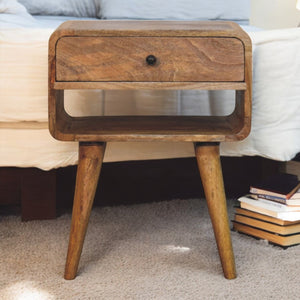English Elm Avora Solid Mango Wood Nightstand in Oak-ish Brown with Drawer, Open Shelf & Brass Knob Accent B182P293845