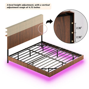 English Elm Oak Queen Floating Bed Walnut Finish Wavy Headboard Led Lighting Built in Charging W1820P408090