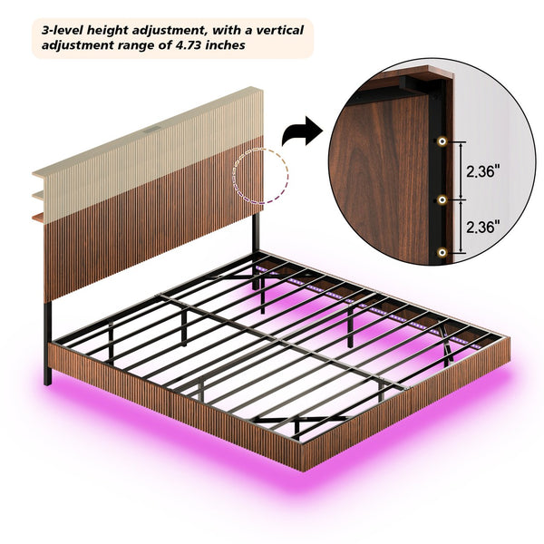 English Elm Oak Queen Floating Bed Walnut Finish Wavy Headboard Led Lighting Built in Charging W1820P408090