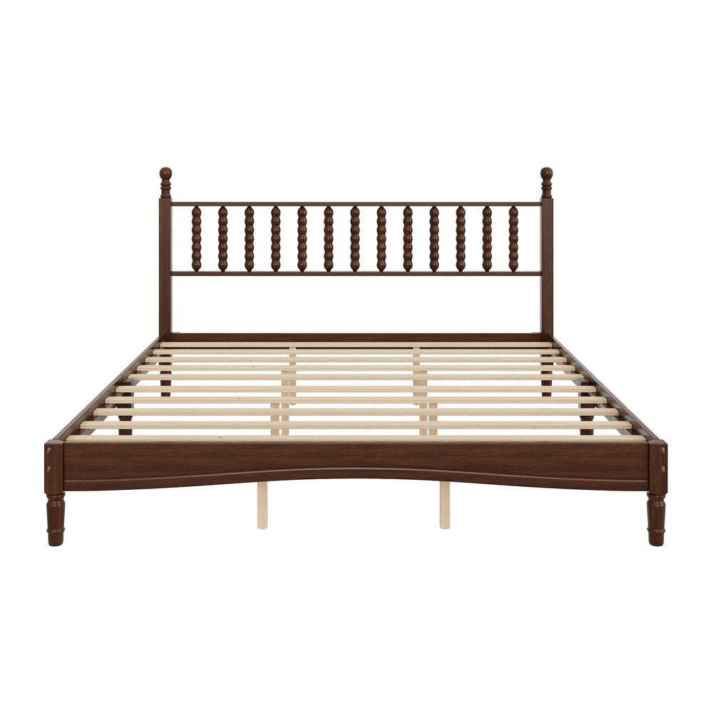 English Elm King Retro Wood Platform Bed with Gourd Headboard, Walnut Finish, Sturdy Slat Support, No Box Spring Needed N733P338316D