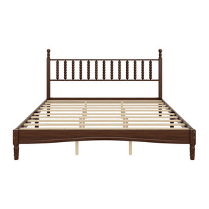 English Elm King Retro Wood Platform Bed with Gourd Headboard, Walnut Finish, Sturdy Slat Support, No Box Spring Needed N733P338316D