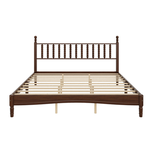 English Elm King Retro Wood Platform Bed with Gourd Headboard, Walnut Finish, Sturdy Slat Support, No Box Spring Needed N733P338316D