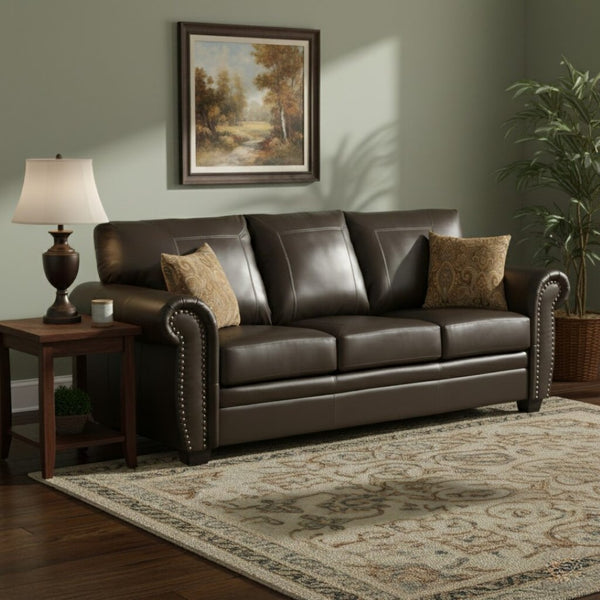 English Elm Tranditional Vintage Dark Brown Leather Sofa - 3-Seater With Curved Armrests & 2 Pillows For Comfort B347P408523-GIGA