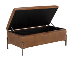 Sunpan Kael Storage Bench – Modern Faux Leather Bench with Antique Brass Legs and Unique Wooden Texture