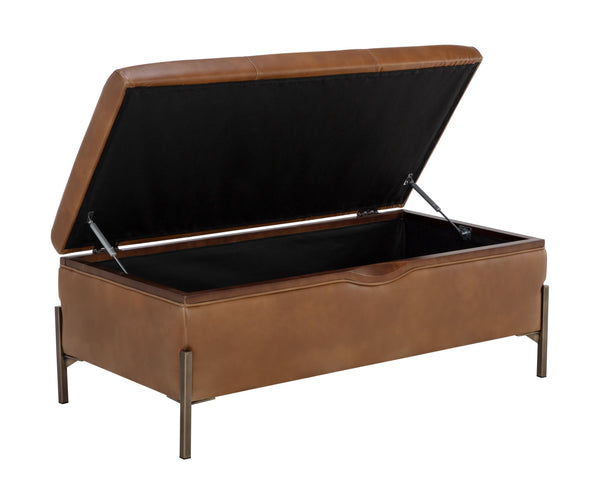 Sunpan Kael Storage Bench – Modern Faux Leather Bench with Antique Brass Legs and Unique Wooden Texture