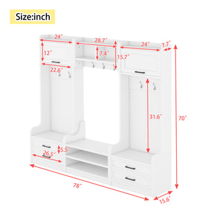 English Elm 4-in-1 Hall Tree with Bench, 7 Hooks, 2 Cabinets & 4 Drawers for Entryway Storage and Seating White W1580S00090