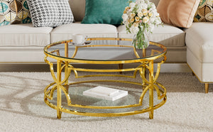 English Elm Round Tempered Glass Coffee Table with Gold Geometric Metal Base and Open Storage Shelf Transparent N735P396530K