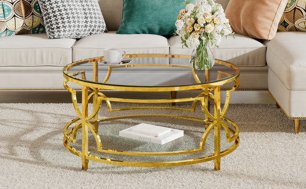 English Elm Round Tempered Glass Coffee Table with Gold Geometric Metal Base and Open Storage Shelf Transparent N735P396530K