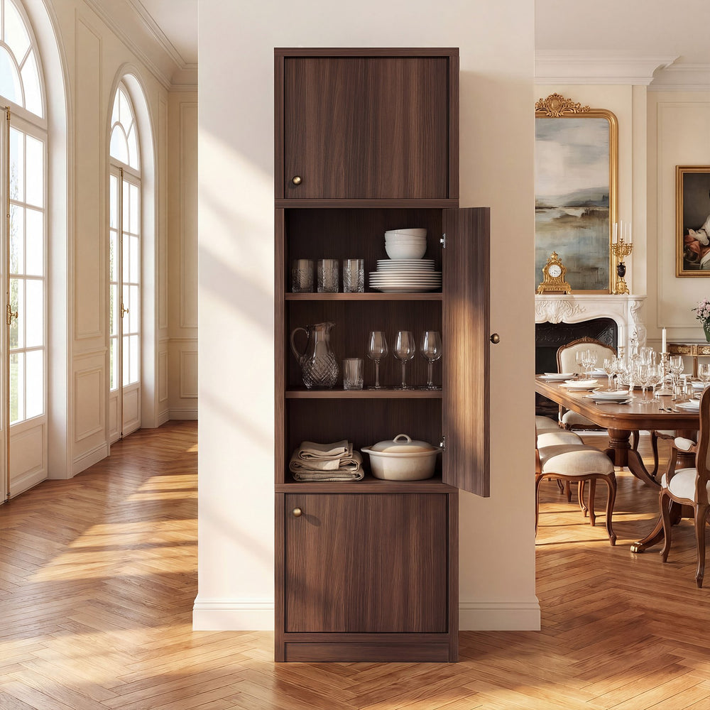 English Elm Tall Slim Freestanding Pantry Cabinet with Adjustable Shelves and Drawer for Small Spaces Walnut B2764P483842