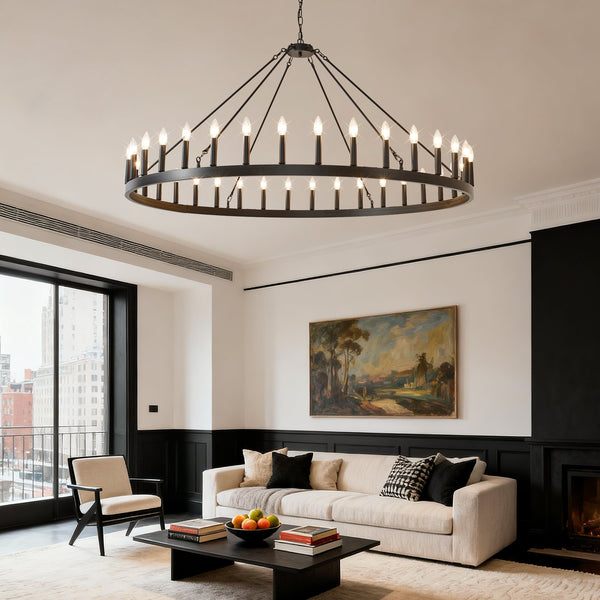 English Elm 59.06 Inch Matte Black Wagon Wheel Chandelier 54 Light Farmhouse Grand Entryway W5008P388933