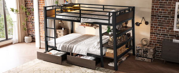 English Elm Full Size Metal Loft Bed with Stair Storage Shelves Bookshelf for Dorms Bedroom W1580S00347