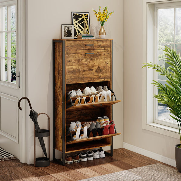 English Elm Shoe Cabinet Slim 3-Flip Drawers with Top Drawer and Metal Handles, Rustic Brown Entryway Organizer W2948P245242
