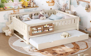 English Elm Queen Bunk Bed with Trundle Solid Pine Kids Car Themed Frame Built-in Bookshelf Beige W1580S00562