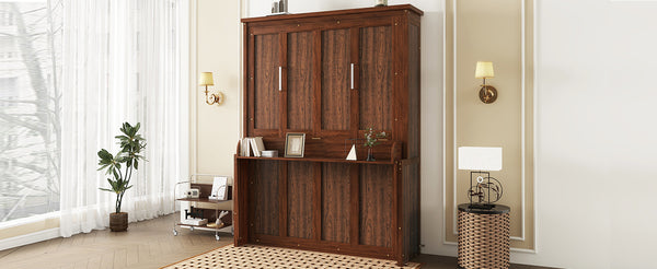 English Elm Queen Murphy Wall Bed with Integrated Desk Gas Strut Lift White Cabinet for Small Spaces Walnut W504S00226