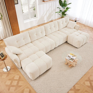 English Elm 4-seater Chenille Sofa Set with Ottomans Solid Wood Frame Tufted Living Room White W714S01658