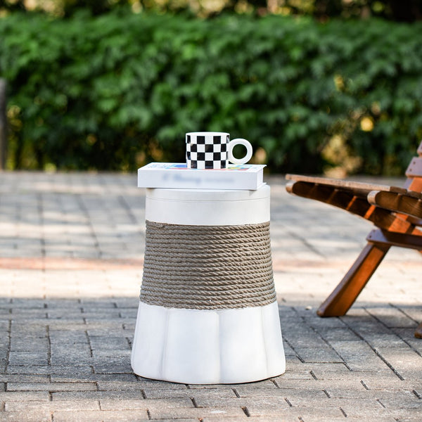 English Elm Outdoor Mgo Side Table with Woven Rope Texture and Fan Base for Patio or Living Room N765P382573W