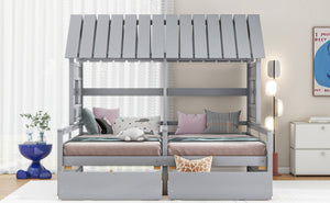 English Elm Twin House Platform Bed with Pitched Roof and Two Under-Drawers for Shared Kids’ Rooms, Durable Pine Gray GX000452AAE