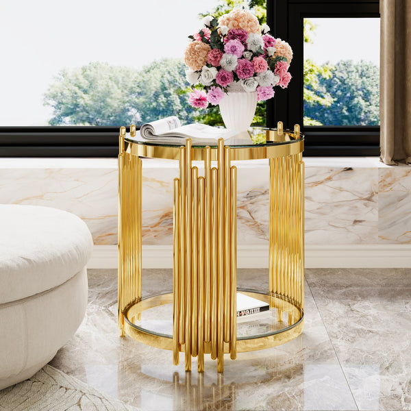 English Elm Modern Round Mirrored Glass End Table with Gold Metal Frame and Lower Display Shelf Transparent N735P380092K