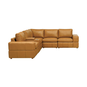 English Elm Premium Leather Match Sectional with Dual Recliners Cup Holders and Storage Console Ginger B2748S00135
