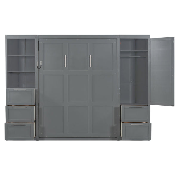 English Elm Queen Murphy Wall Bed with Wardrobe Drawers and Shelves for Studio or Guest Room Gray LP000865AAE-2