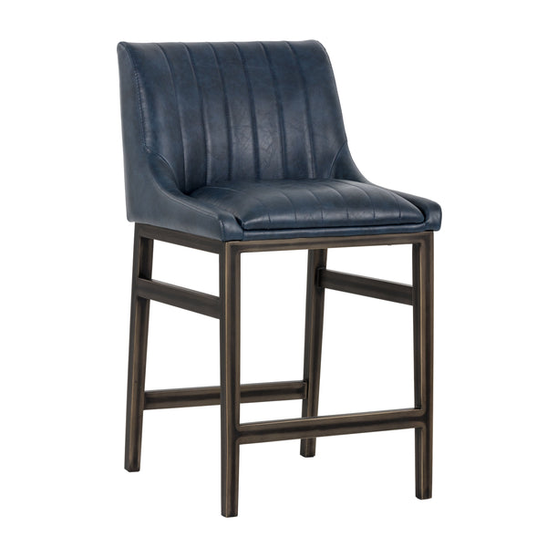 Sunpan Halden Urban Bar Stool with Bold Channel Tufting and Rustic Bronze Steel Frame for Stylish Spaces Vintage Blue