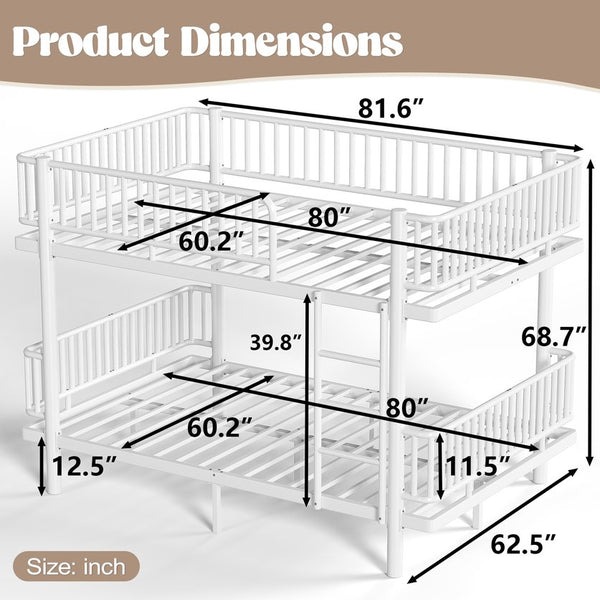 English Elm Queen Over Metal Bunk Bed Convertible Platform Frame with Safety Guardrails Light White W5305S00064