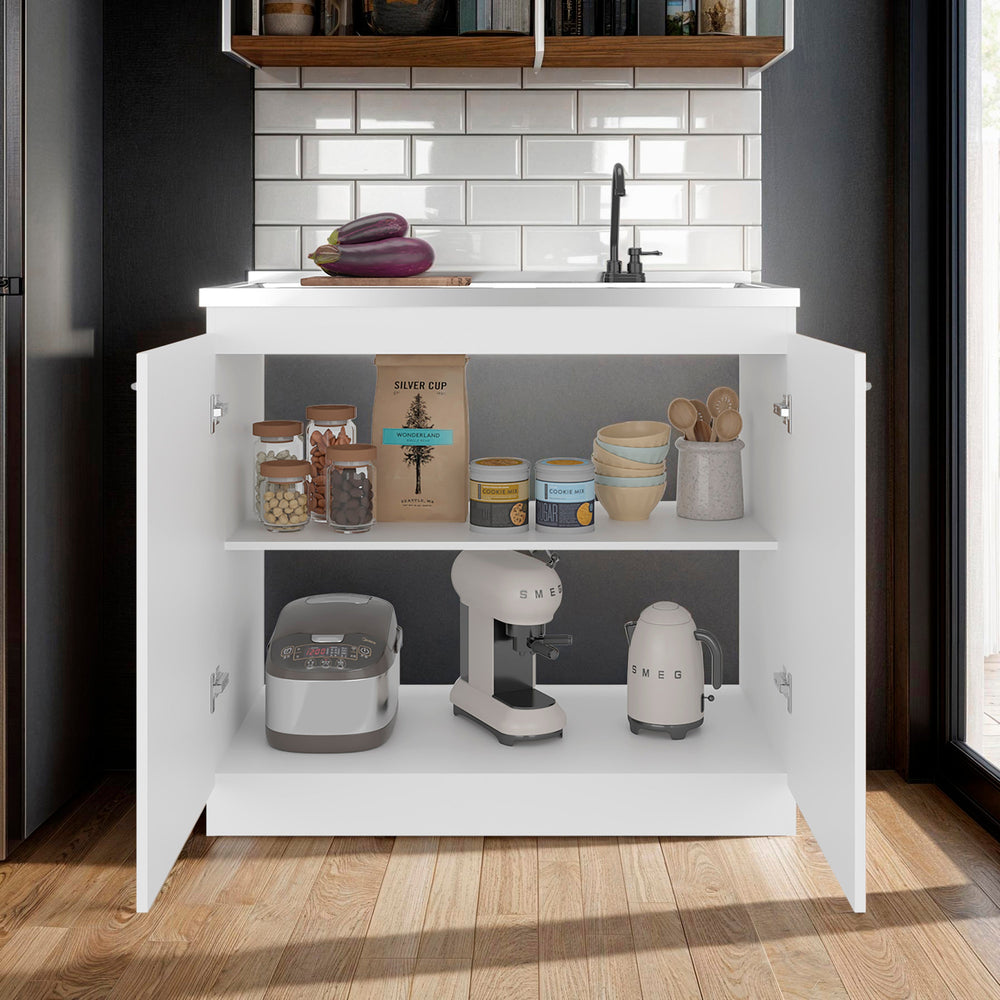 English Elm White Melamine Utility Sink Cabinet with Open Shelving for Laundry and Mudroom B062S01853