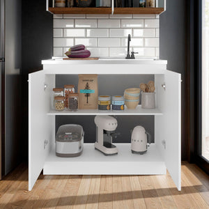 English Elm White Melamine Utility Sink Cabinet with Open Shelving for Laundry and Mudroom B062S01853