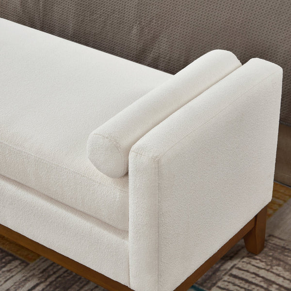 English Elm Large Boucle Upholstered Window Bench with Armrests and Throw Pillows for Entryway Ivory W2186P454317