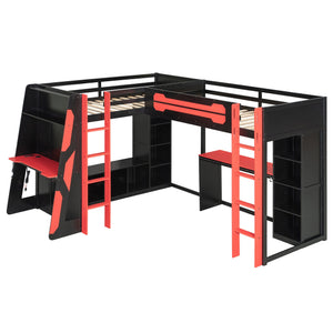 English Elm L-shaped Gaming Loft Bunk Bed Twin Wood Frame Rgb Lighting Usb Ports Storage Shelves Red LT000295AAR