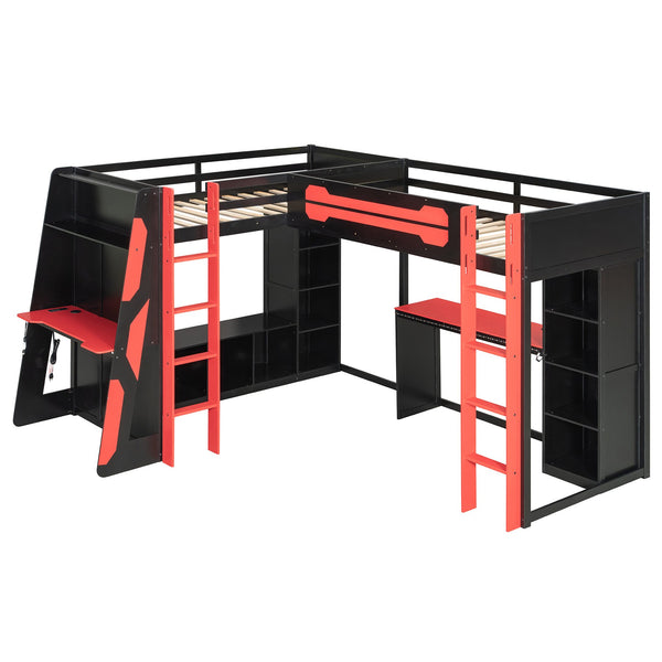 English Elm L-shaped Gaming Loft Bunk Bed Twin Wood Frame Rgb Lighting Usb Ports Storage Shelves Red LT000295AAR
