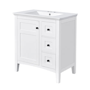 English Elm 30 Inch Bathroom Vanity with Ceramic Sink and 3 Smooth-Glide Drawers, Modern Moisture-Resistant Storage White N710P252105K