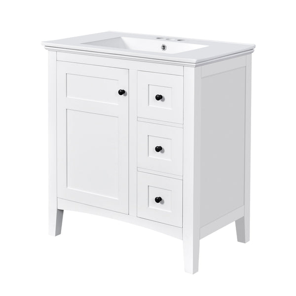 English Elm 30 Inch Bathroom Vanity with Ceramic Sink and 3 Smooth-Glide Drawers, Modern Moisture-Resistant Storage White N710P252105K