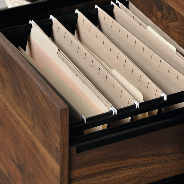 English Elm Narrow Mid-Century Bookcase in Brown – Tall Engineered Wood Shelf with Two Full-Extension File Drawers, Space-Saving 70.4" Height for Home Office and Living Room B356P402740