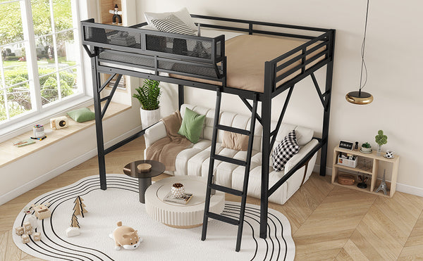 English Elm Queen Size Metal Loft Bed with Ladder and Built-In Storage Shelves, High Durable Black Frame, 400LB Capacity W2580P316650